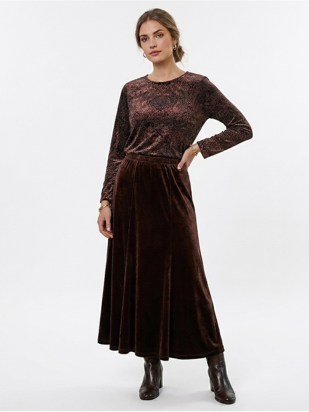 Dialogue Brown Velvet Maxi Skirt & paisley tunic NWT